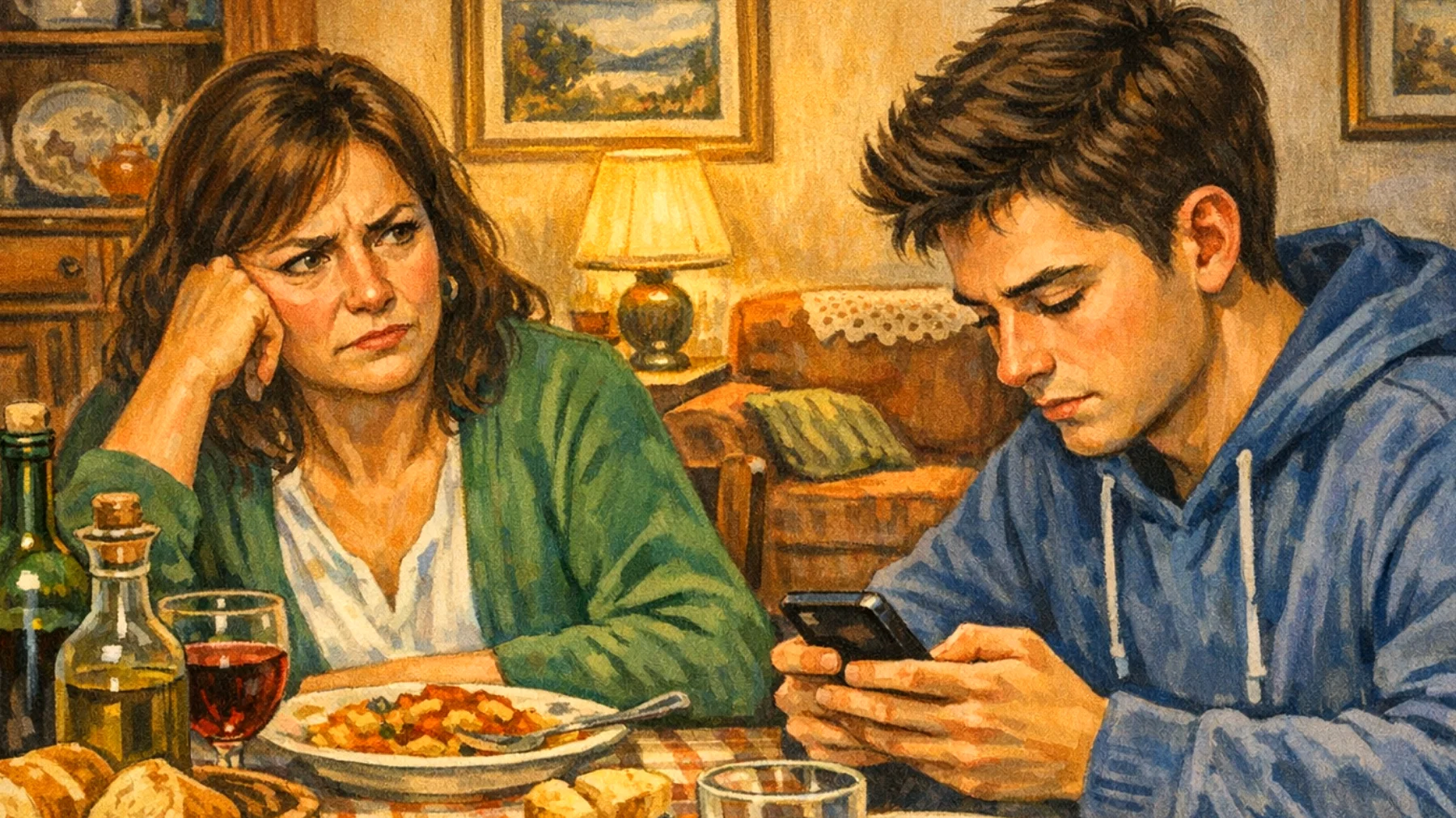 Genitori che faticano a gestire l'uso eccessivo di smartphone e videogiochi da parte dei figli giovani adulti, con conseguenti tensioni familiari e difficoltà nel dialogo"