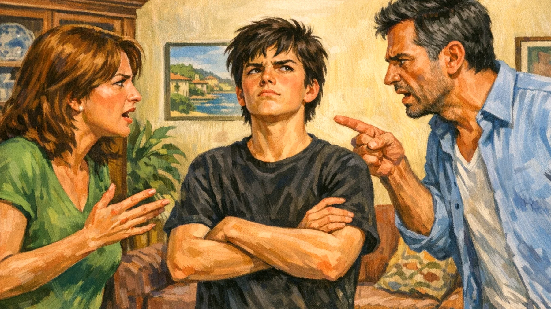 Genitori che faticano a gestire comportamenti di ribellione, opposizione e impulsività dei figli adolescenti, con frequenti scontri verbali e rifiuto sistematico delle regole familiari"