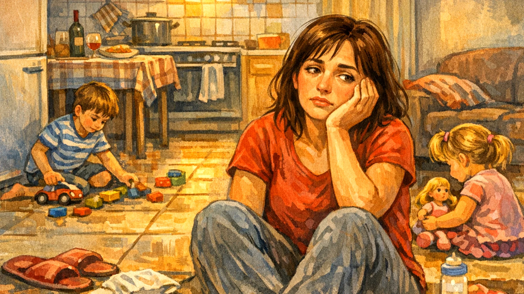 Una mamma che lavora a tempo pieno fatica a trovare momenti autentici di connessione con i suoi bambini piccoli, sentendosi colpevole perché le routine quotidiane sono diventate meccaniche e frettolose, senza spazio per gioco spontaneo, conversazioni significative o coccole rilassate."