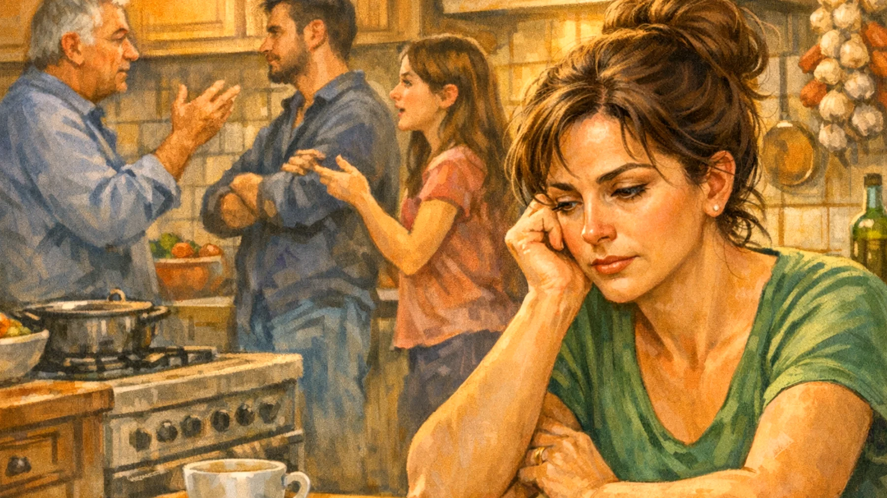 Una mamma si trova in difficoltà nel gestire i conflitti con la famiglia allargata riguardo l'educazione dei suoi figli adolescenti, sentendosi giudicata nelle sue scelte genitoriali e dividendosi tra il mantenere i propri principi educativi e preservare l'armonia familiare."