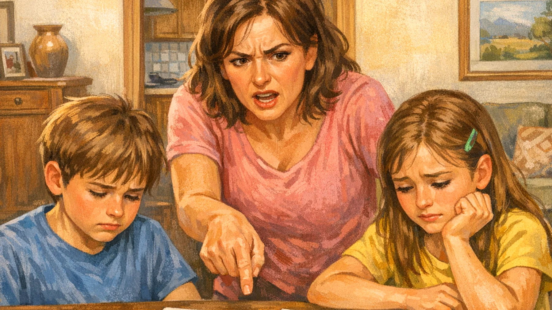 Una mamma che sottopone i propri bambini a pressioni eccessive riguardo alle performance scolastiche, attività extrascolastiche e aspettative di comportamento, causando stress, ansia da prestazione e perdita della spontaneità tipica dell'infanzia"