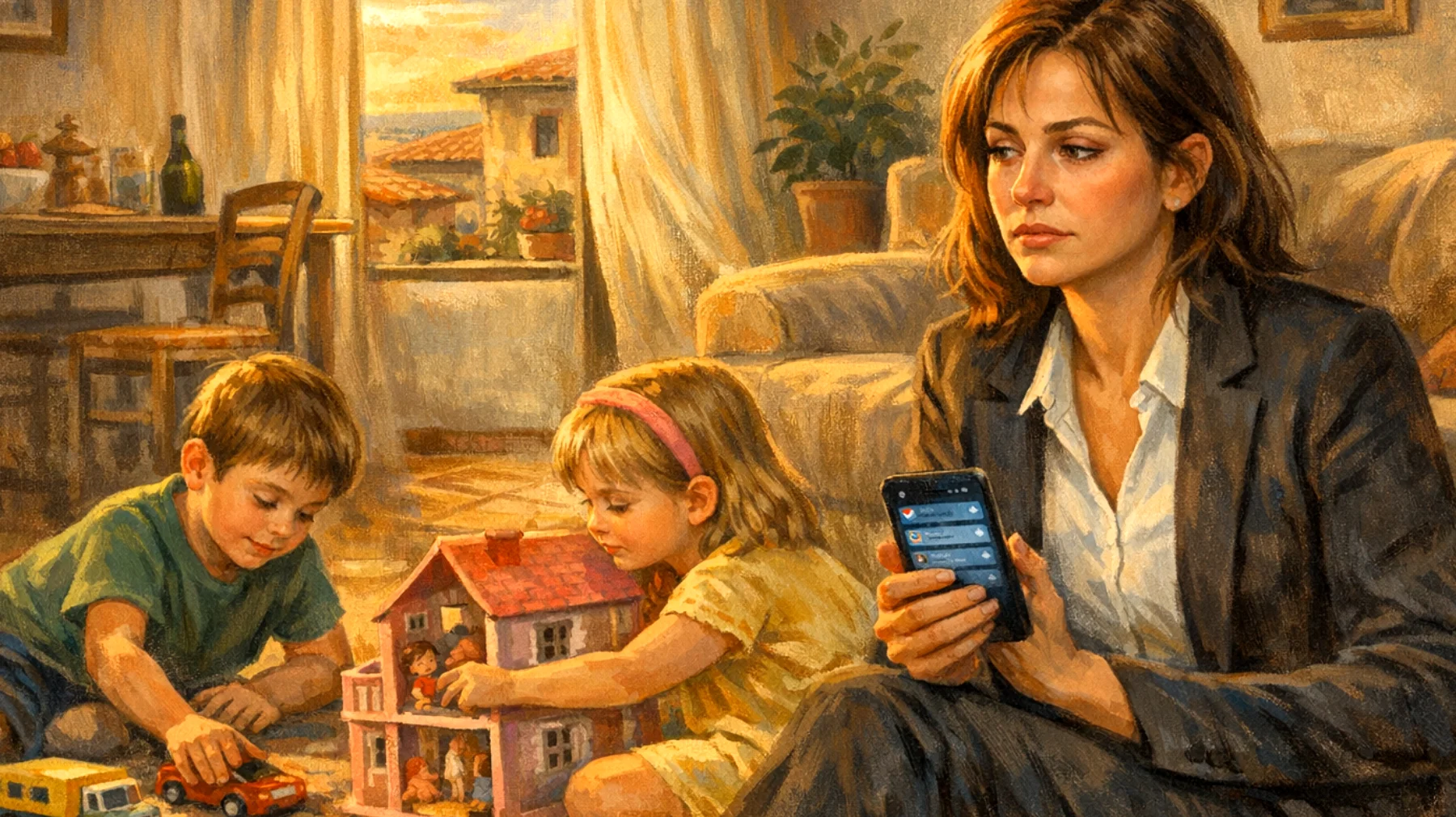 Una mamma che lavora a tempo pieno fatica a trovare momenti significativi da dedicare ai suoi bambini piccoli, sentendosi intrappolata tra le responsabilità lavorative e il desiderio di essere presente nella loro crescita quotidiana"