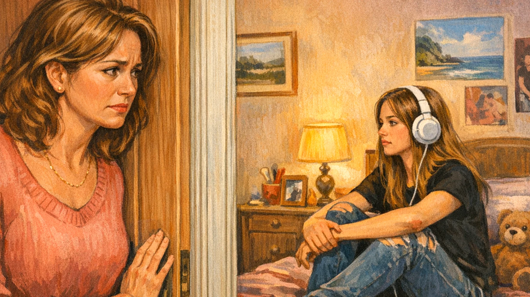 Una mamma fatica a comunicare con la figlia adolescente che si chiude in camera, risponde a monosillabi e sembra non voler condividere nulla della sua vita quotidiana, creando distanza emotiva e incomprensioni"