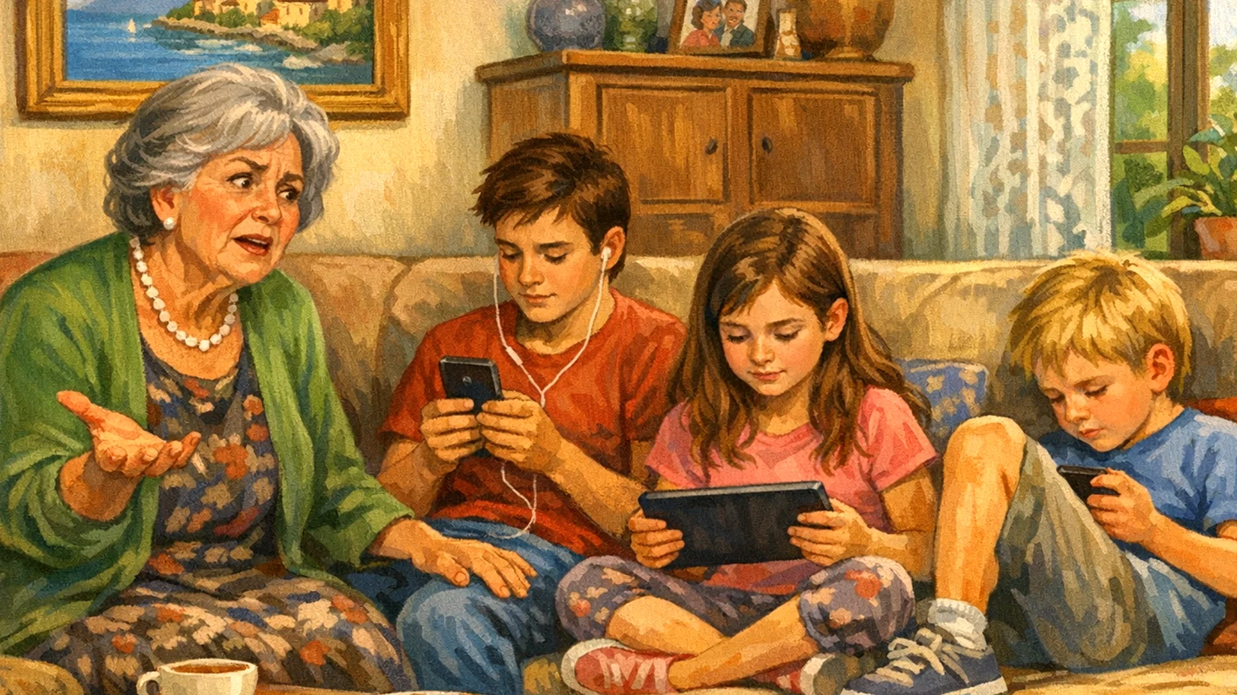 Nonna che fatica a comunicare efficacemente con i nipoti bambini a causa del gap generazionale e delle diverse modalità comunicative, con difficoltà a farsi ascoltare e comprendere nelle situazioni quotidiane"