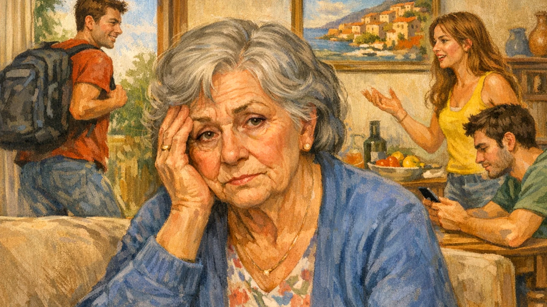 Nonna che avverte stanchezza fisica ed emotiva nel seguire i nipoti giovani adulti, con la sensazione di non avere più le energie necessarie e il tempo per dedicarsi adeguatamente a loro come vorrebbe"