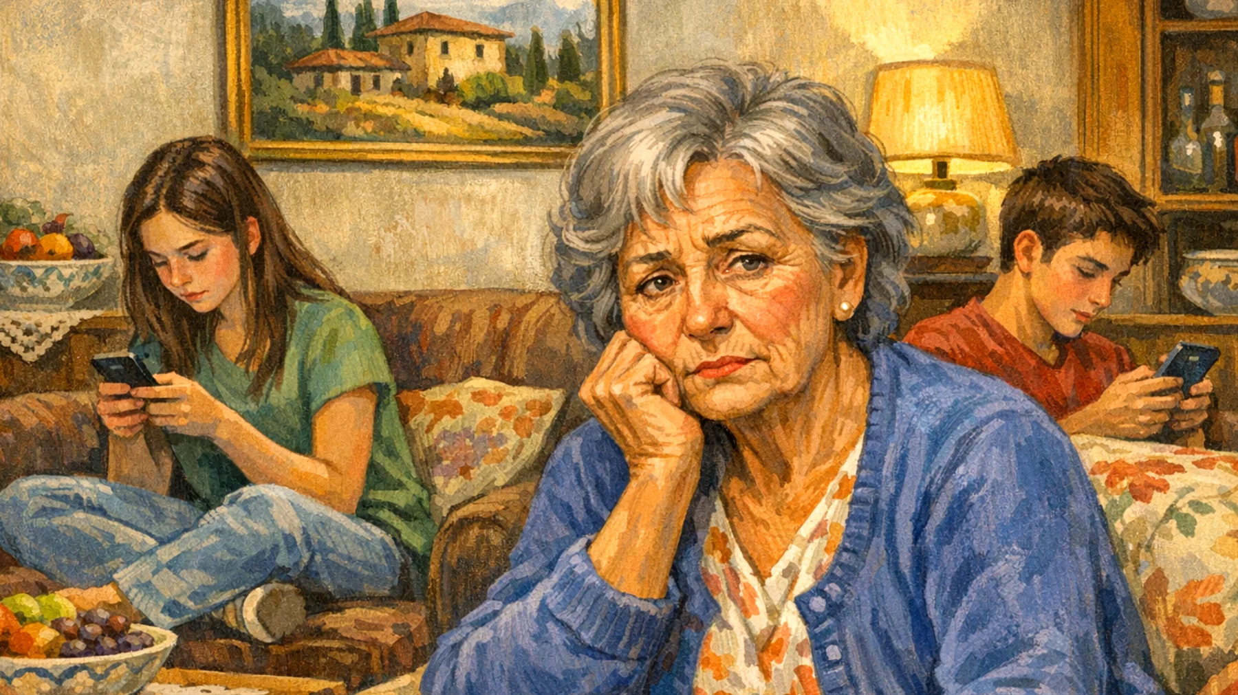 Nonna che teme di perdere il legame affettivo con i nipoti adolescenti che si stanno allontanando emotivamente e non cercano più la sua compagnia come facevano da bambini"