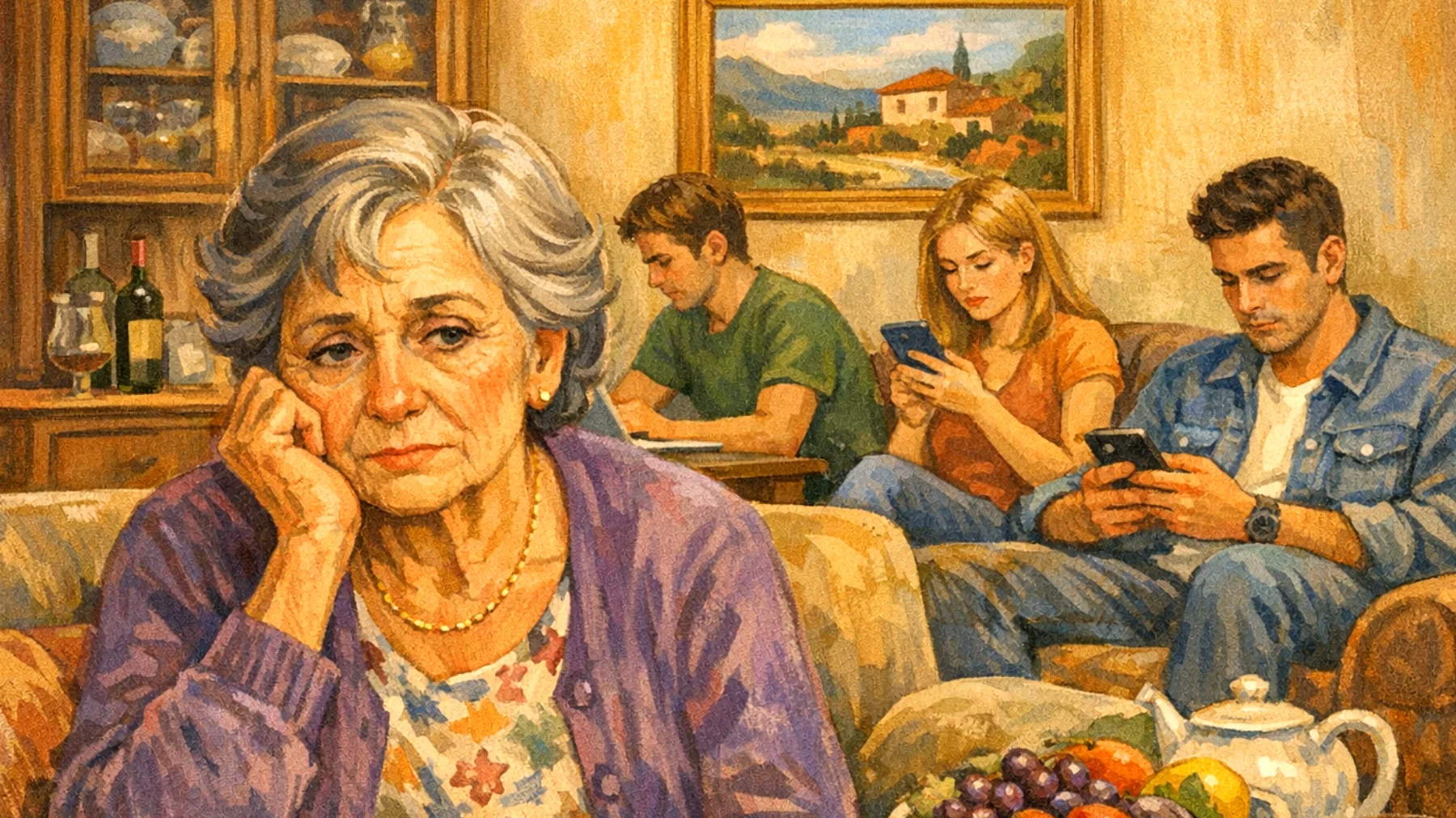 La nonna si sente fisicamente e mentalmente esausta nel cercare di mantenere un ruolo attivo nella vita dei nipoti giovani adulti, ma non ha più le energie di un tempo e fatica a trovare momenti significativi da condividere con loro a causa dei loro impegni lavorativi e della propria stanchezza"