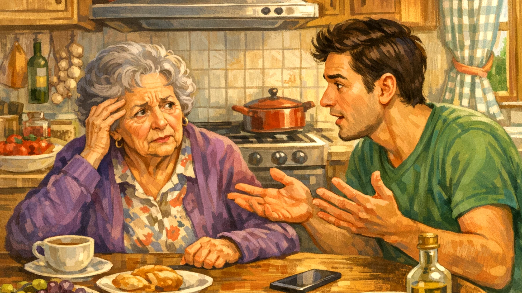 Nonna che fatica a comprendere e accettare le scelte di vita dei nipoti giovani adulti, con incomprensioni legate a differenze generazionali su temi come carriera, relazioni, stile di vita e valori"