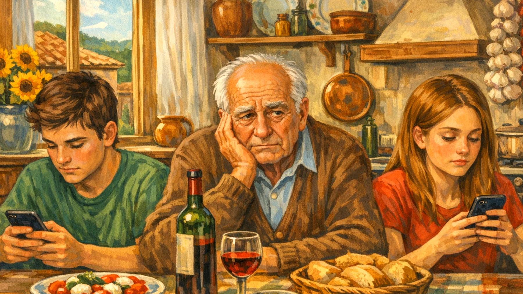 Nonno che fatica a comunicare con nipoti adolescenti che si chiudono in se stessi, rispondono a monosillabi e sembrano disinteressati al dialogo"