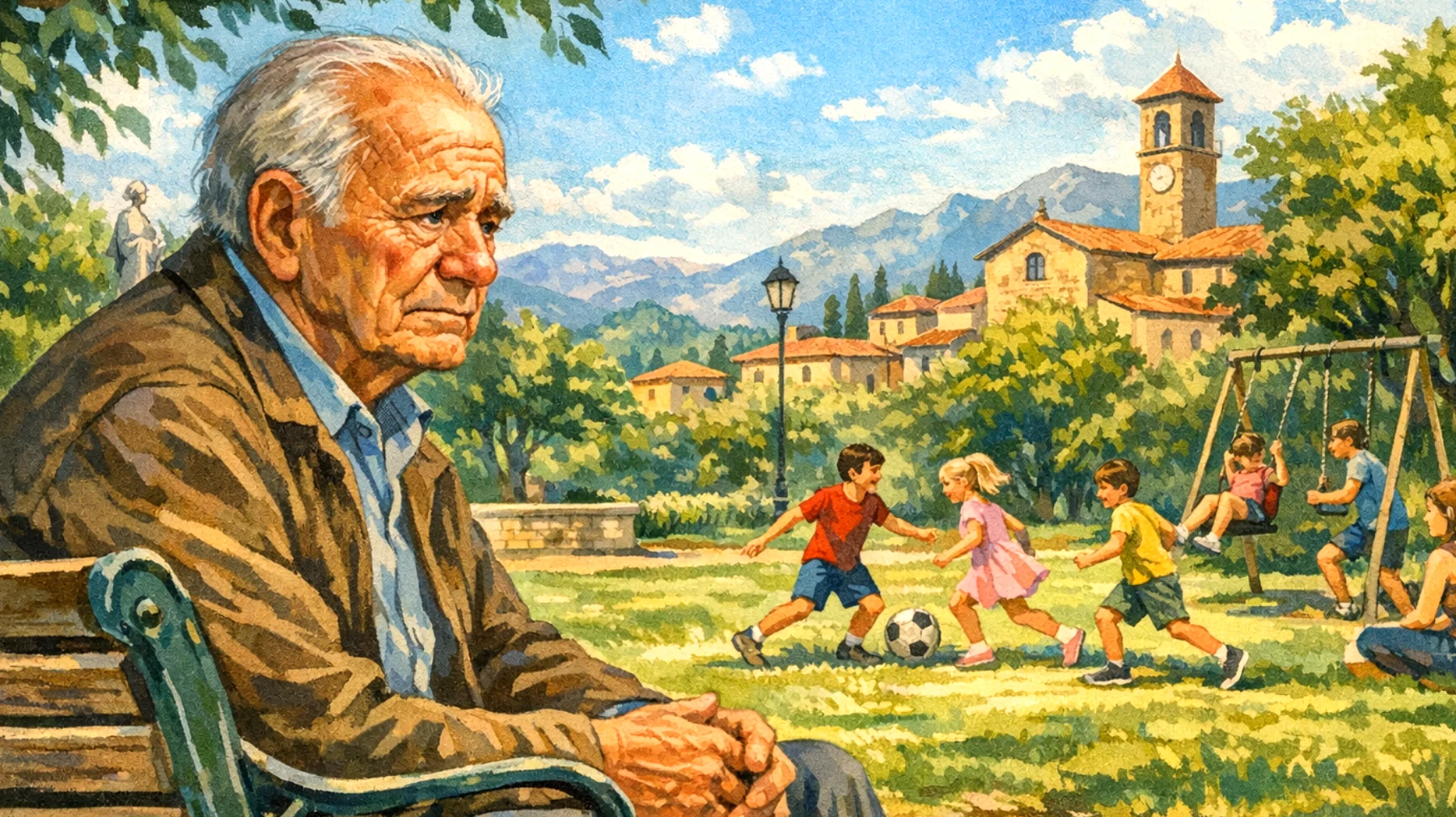 Nonno che prova sensi di colpa per non riuscire a dedicare abbastanza tempo ed energie ai nipoti piccoli a causa dell'età avanzata e delle limitazioni fisiche, temendo di deluderli o di non essere all'altezza del ruolo"