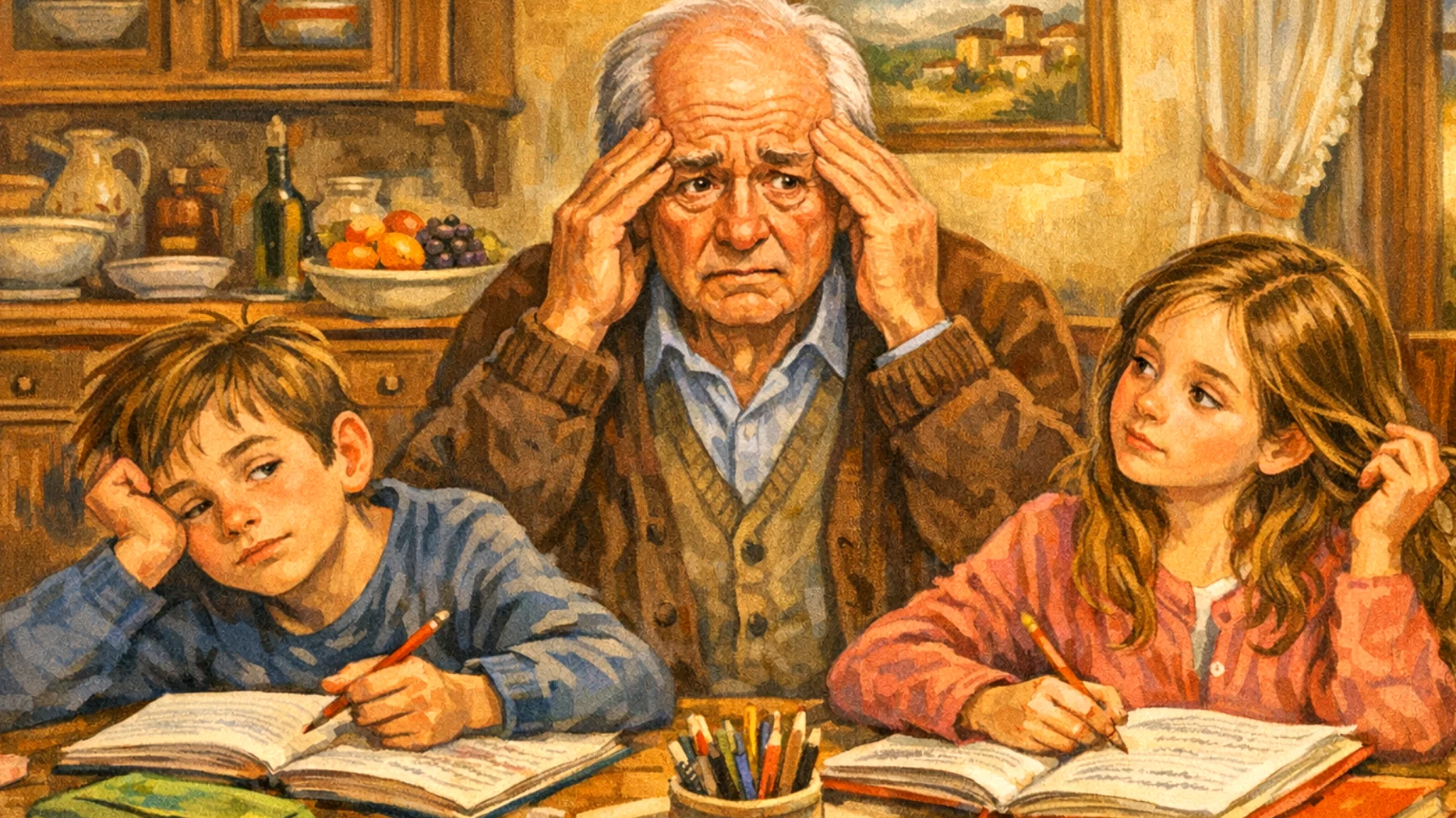 Il nonno si trova in difficoltà nel supportare i nipoti bambini con i compiti e lo studio, sentendosi inadeguato per via di metodi didattici cambiati rispetto al passato e della mancanza di motivazione dei piccoli"