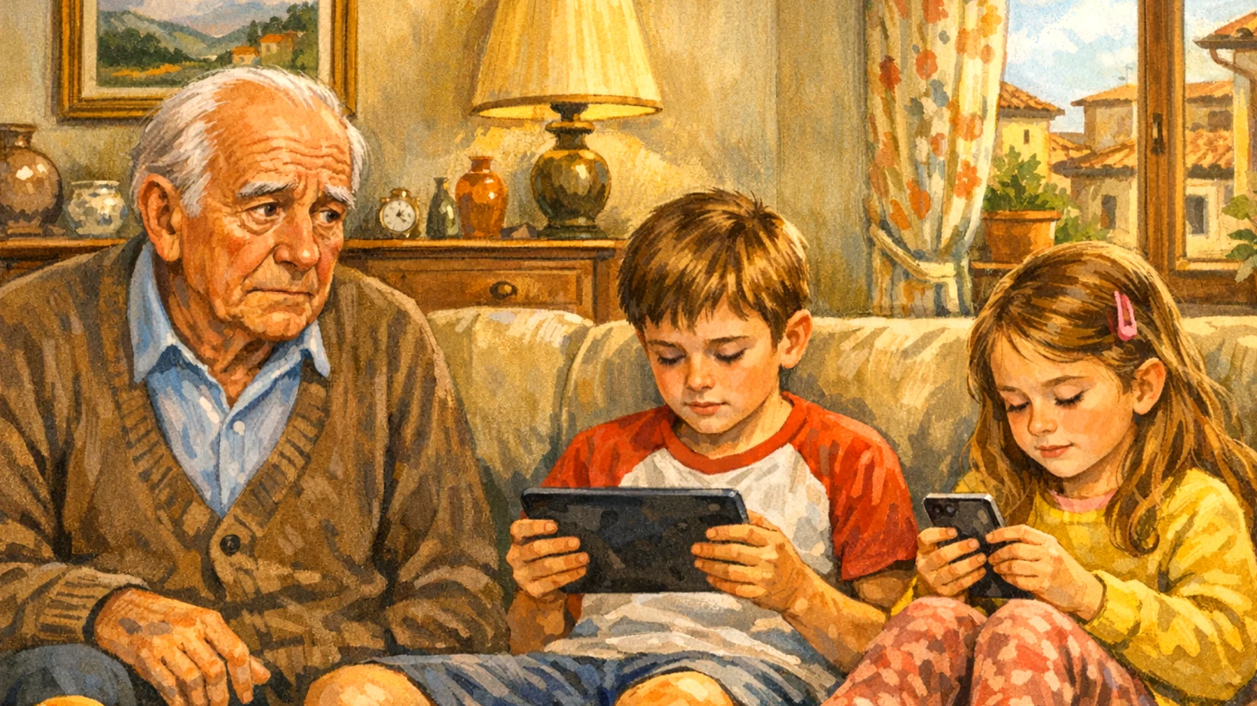Il nonno fatica a gestire il tempo che i nipoti bambini trascorrono davanti agli schermi (tablet, smartphone, TV, videogiochi) durante le ore passate insieme, creando tensioni con i genitori sulle regole da applicare e sentendosi impotente nel proporre attività alternative."