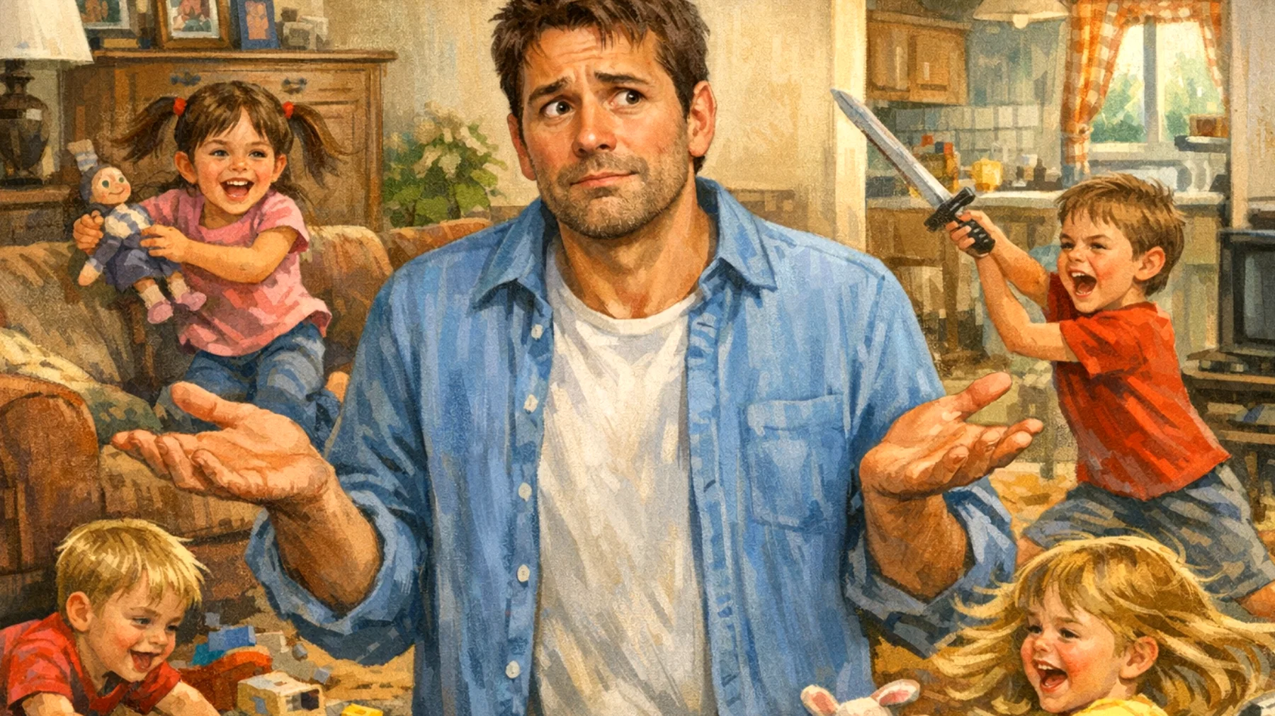 Papà che fatica a stabilire regole e confini con i propri bambini per paura di essere visto come autoritario o di perdere il loro affetto, creando difficoltà nella gestione del comportamento quotidiano"