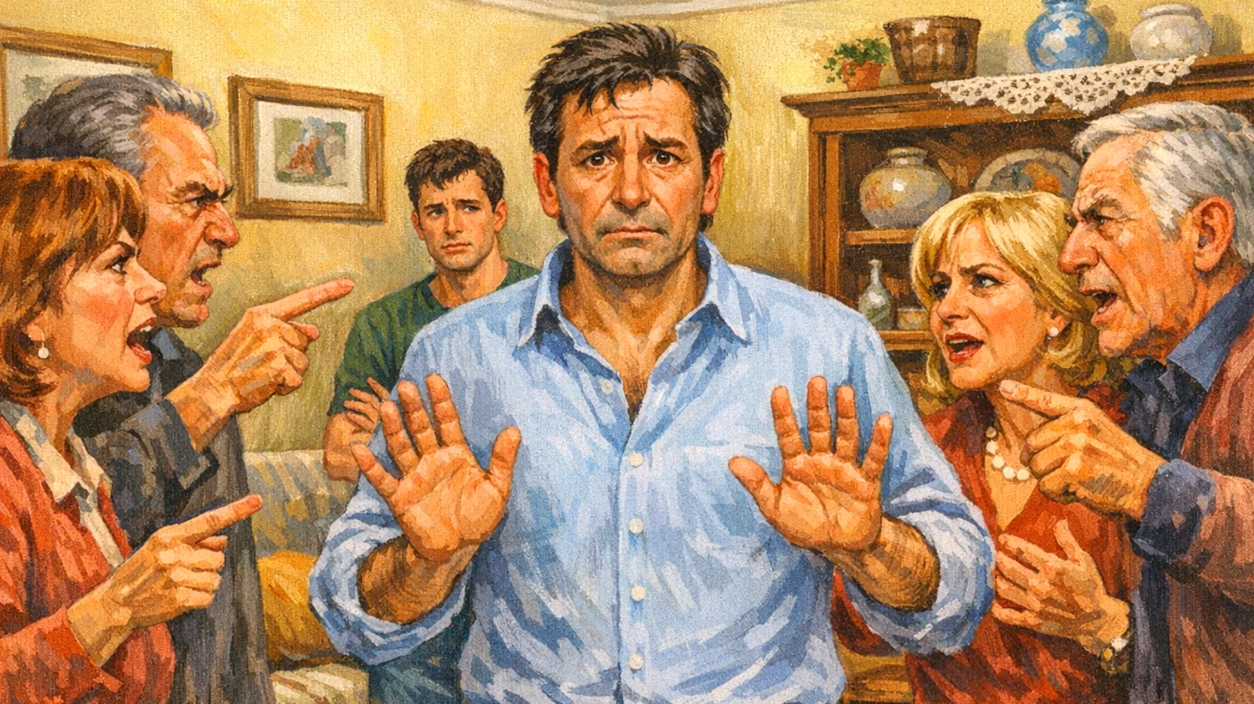 Il papà si trova in difficoltà nel gestire i conflitti con i suoceri o con l'ex compagna riguardo all'educazione e alle scelte di vita dei figli giovani adulti, creando tensioni familiari e mettendo i ragazzi in una posizione di disagio emotivo"