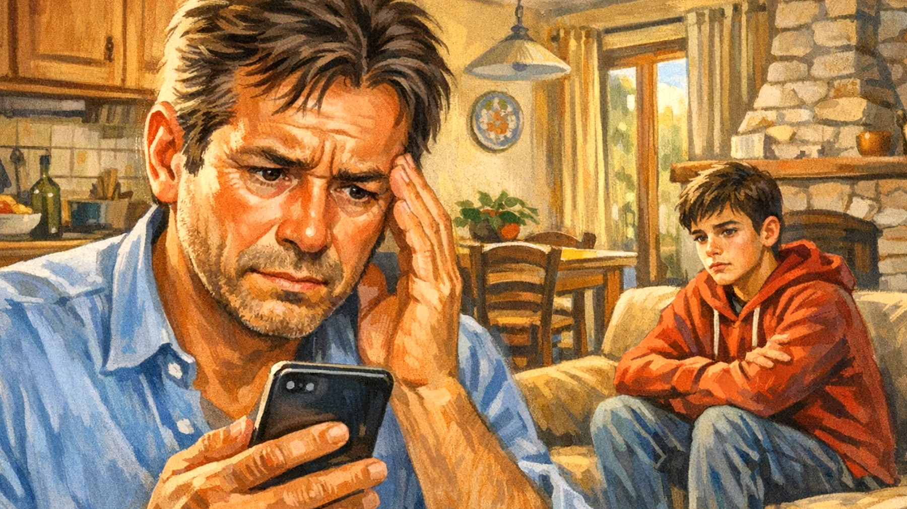 Papà preoccupato perché scopre che il figlio adolescente condivide contenuti personali inappropriati sui social media e interagisce con sconosciuti online, ma non riesce a instaurare un dialogo aperto sull'uso consapevole e sicuro delle piattaforme digitali"