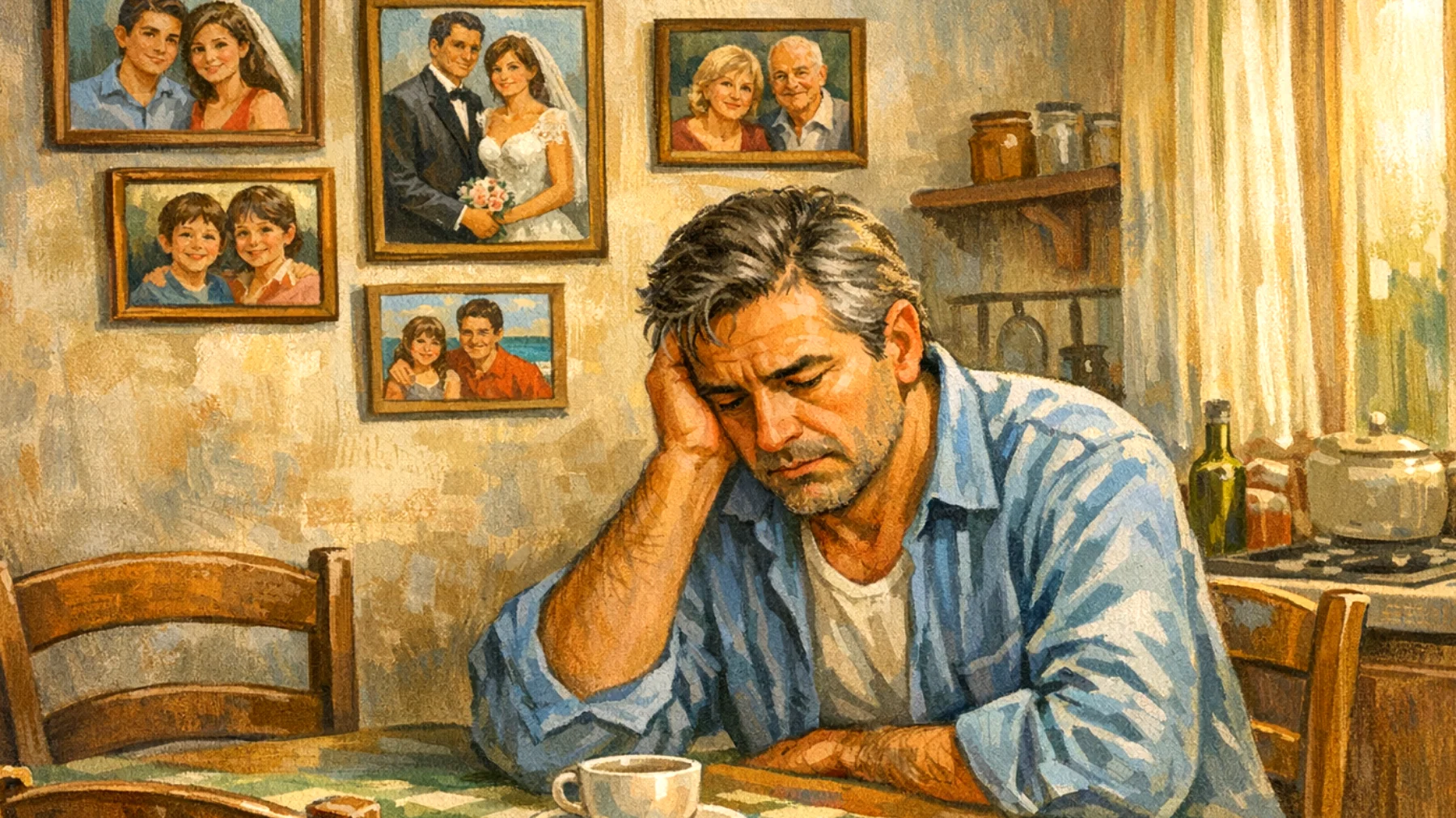 Un papà che prova sensi di colpa per non essere riuscito a mantenere un rapporto equilibrato con i suoi figli, ora giovani adulti, durante la loro crescita a causa del troppo lavoro o di scelte educative che ritiene sbagliate, e teme di aver compromesso il legame affettivo con loro"